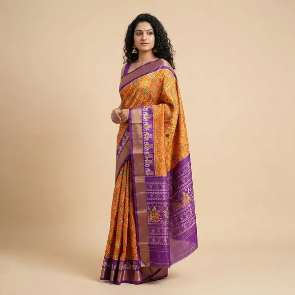 Orange_And_Purple_Silk_And_Zari_Work_Saree_For_Women