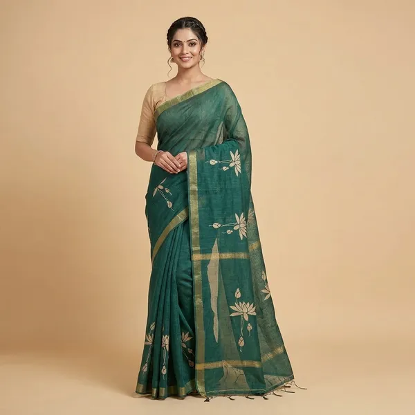 Green_Cotton_Hand_Painted_Lotus_Floral_Saree_For_Women