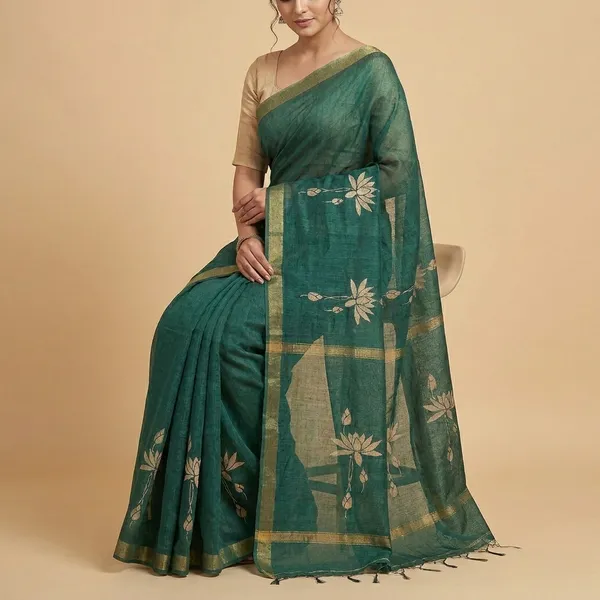 Green_Cotton_Hand_Painted_Lotus_Floral_Saree_For_Women