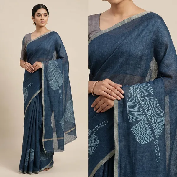 Indigo_Blue_Cotton_Feather_Print_And_Matching_Blouse_Piece_Saree_For_Women