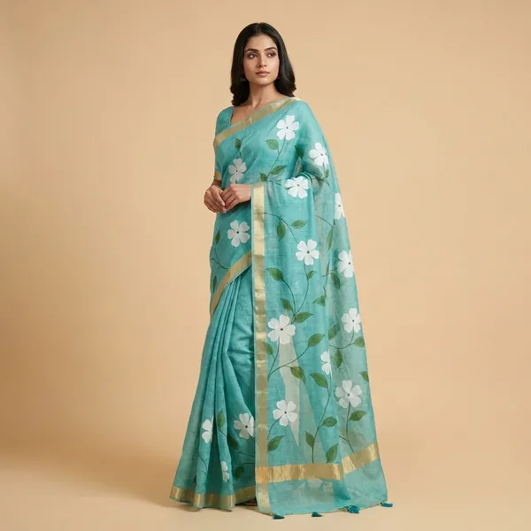 Sky_Blue_Cotton_Floral_Printed_Saree_For_Women