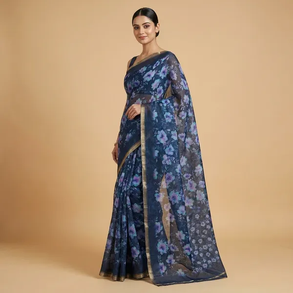 Navy_Blue_Cotton_Floral_Printed_Saree_For_Women