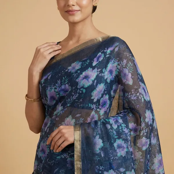 Navy_Blue_Cotton_Floral_Printed_Saree_For_Women