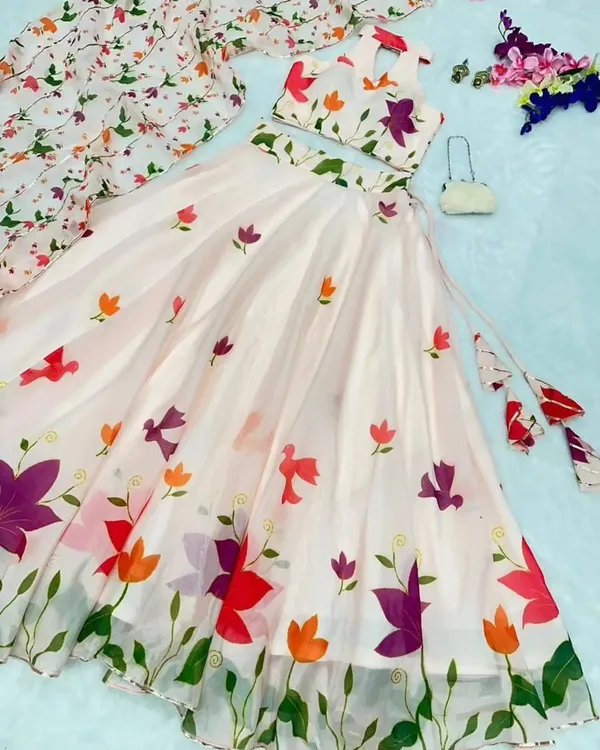 White_Floral_Print_Semi_Stitched_Lehenga_Choli_Yellow