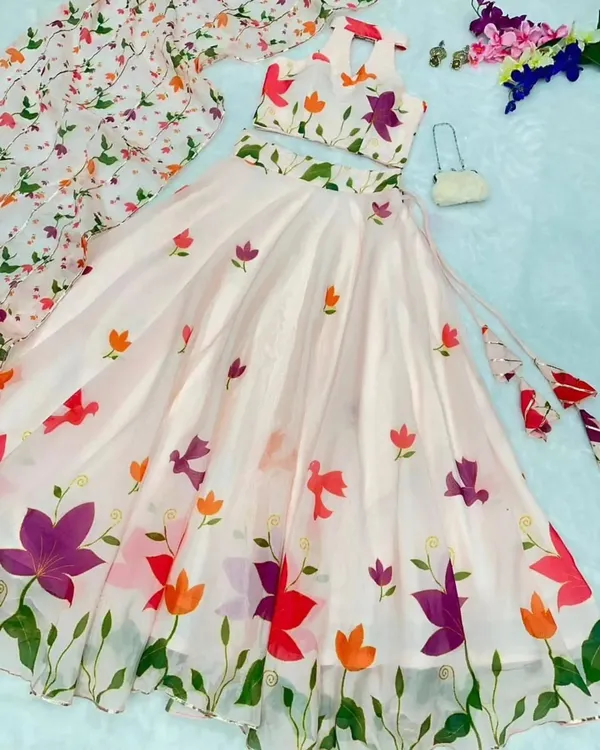 White_Floral_Print_Semi_Stitched_Lehenga_Choli_Yellow