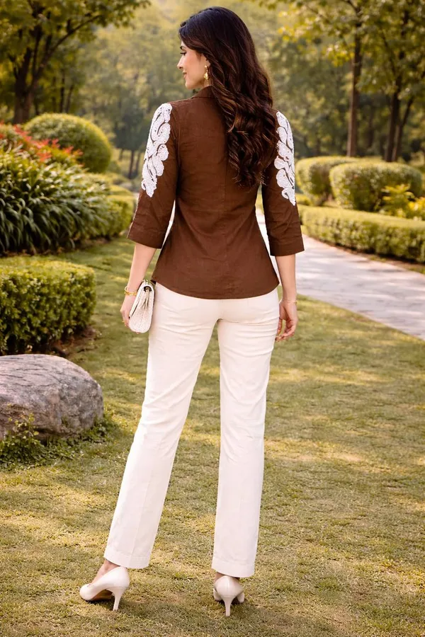 Brown_Dabu_Cotton_Embroidered_Shirt_For_Women