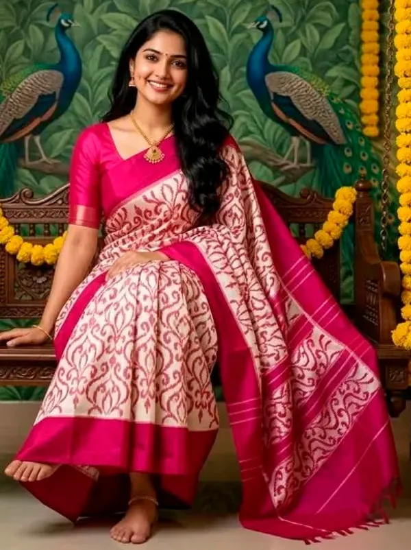 Pink_Cotton_With_Intricate_Paisley_Pattern_And_Contrast_Saree_For_Women