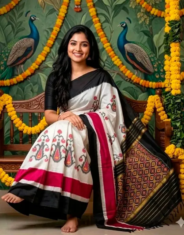 White_And_Black_Cotton_Handloom_With_Floral_Embroidery_Saree_For_Women