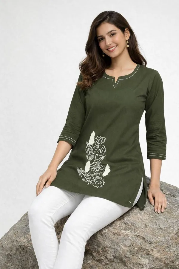 Olive_Green_Cotton_Embroidered_Tunic_Top_For_Women
