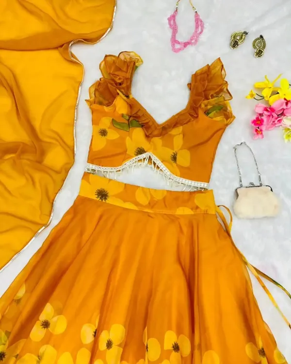 Orange_Floral_Print_Semi_Stitched_Lehenga_Choli_Yellow