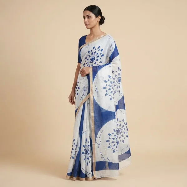 White_And_Blue_Cotton_Floral_Print_Saree_For_Women