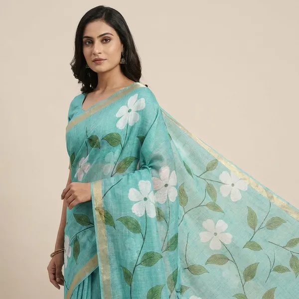 Blue_Cotton_Floral_Printed_Saree_For_Women