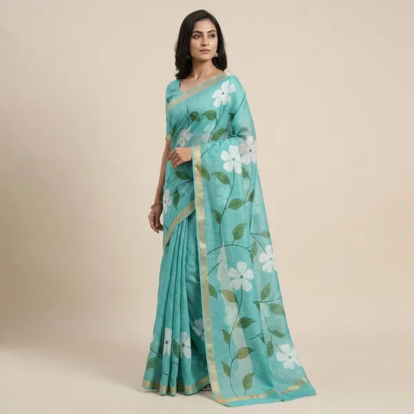 Blue_Cotton_Floral_Printed_Saree_For_Women