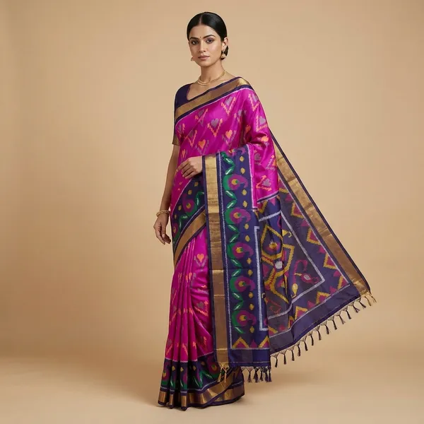 Pink_And__Navy_Blue_Traditional_Ikat_Weave_Silk_Saree_For_Women