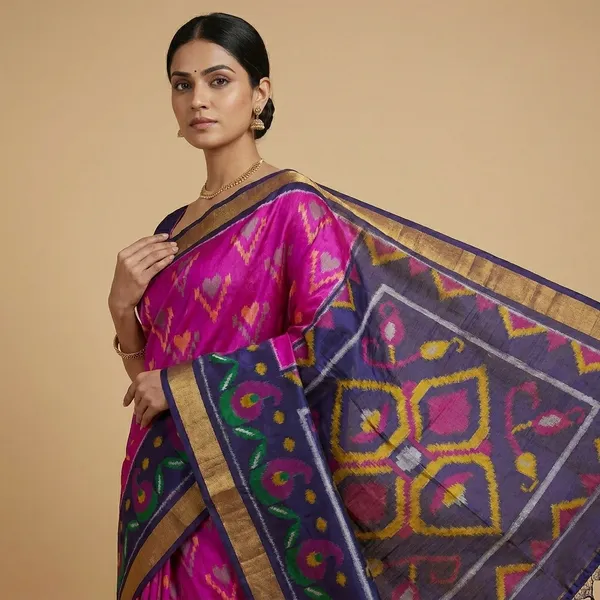 Pink_And__Navy_Blue_Traditional_Ikat_Weave_Silk_Saree_For_Women