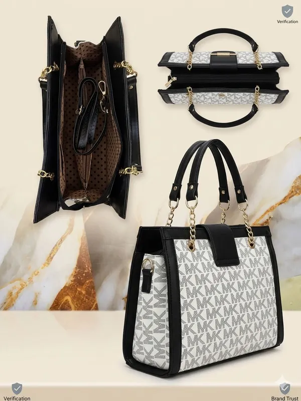 Luxe_Office_Tote_Women's_Designer_Tote_Bag_With_Chain_Handles_And_Monogram_Pattern