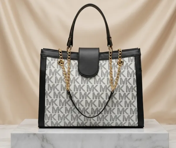 Luxe_Office_Tote_Women's_Designer_Tote_Bag_With_Chain_Handles_And_Monogram_Pattern