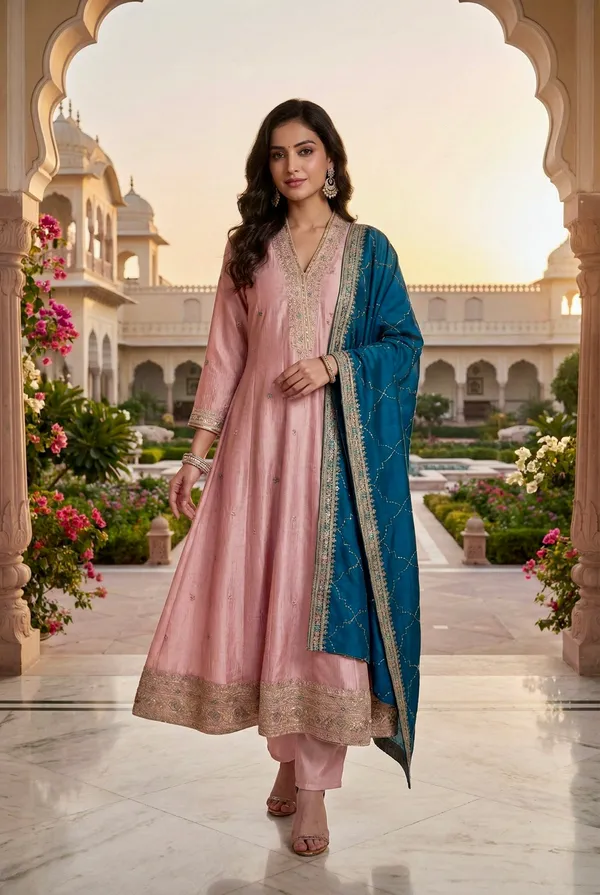 Elegant_Pink_Anarkali_Suit_With_Blue_Dupatta