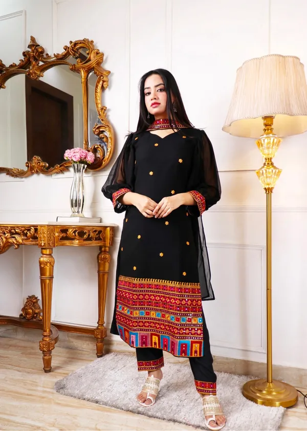 Elegant_Black_Ethnic_Suit_Set_With_Colorful_Embroidered_Border_And_Sheer_Dupatta