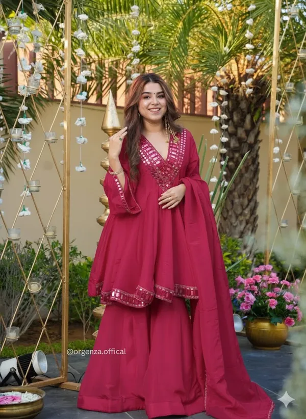 Magenta_Mirror_Work_Anarkali_Kurta_Set_With_Palazzo_And_Dupatta