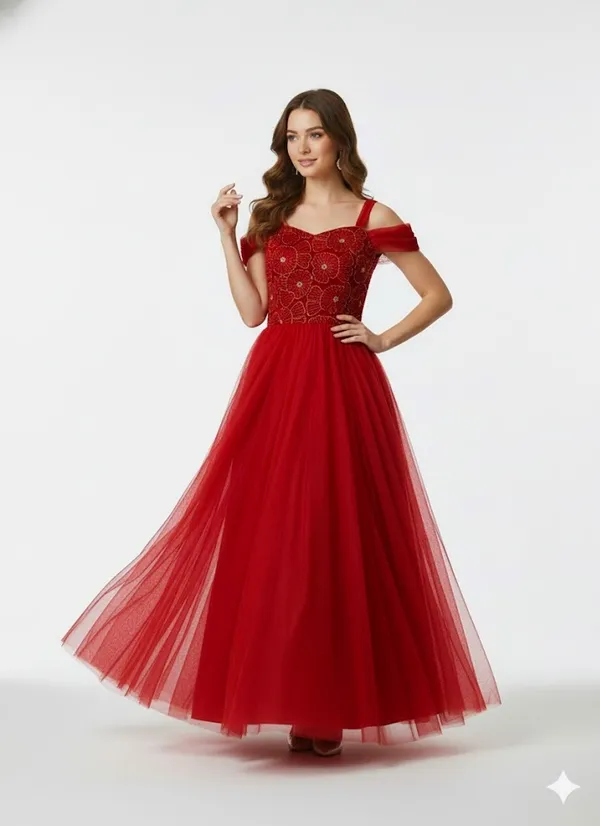 Red_Off-Shoulder_Embellished_Evening_Gown_With_Tulle_Skirt