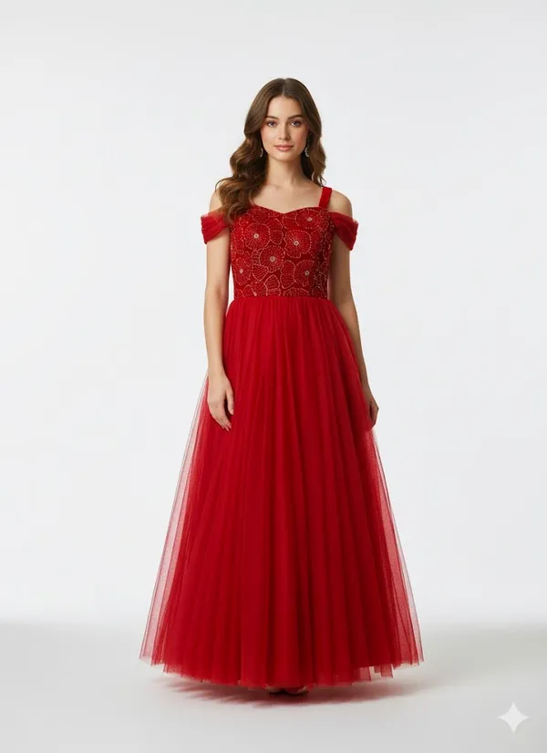 Red_Off-Shoulder_Embellished_Evening_Gown_With_Tulle_Skirt
