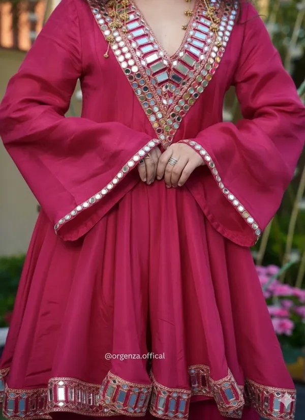 Magenta_Mirror_Work_Anarkali_Kurta_Set_With_Palazzo_And_Dupatta