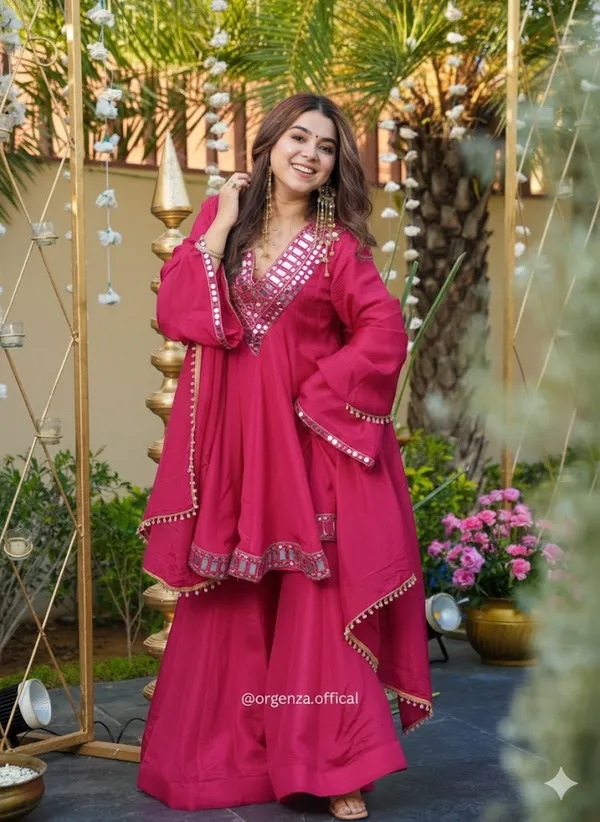 Magenta_Mirror_Work_Anarkali_Kurta_Set_With_Palazzo_And_Dupatta