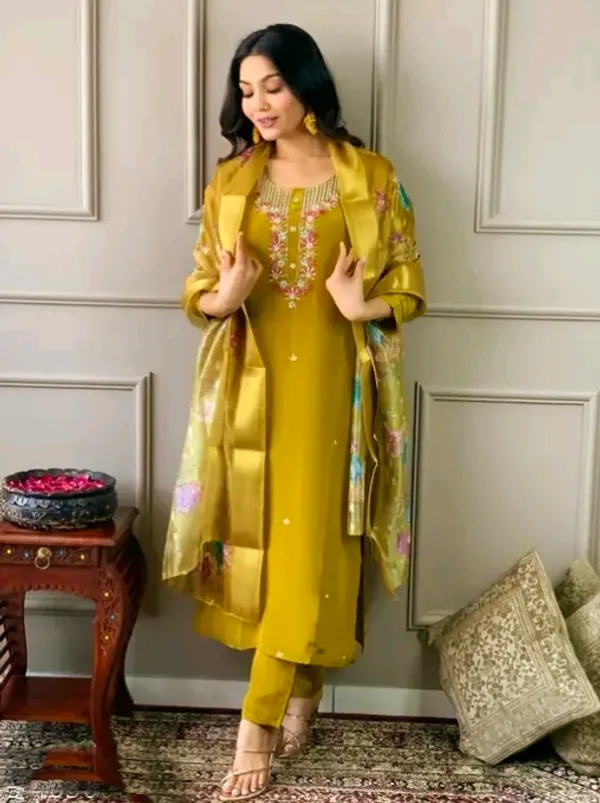 Mustard_Yellow_Embroidered_Salwar_Suit_Set_With_Floral_Dupatta