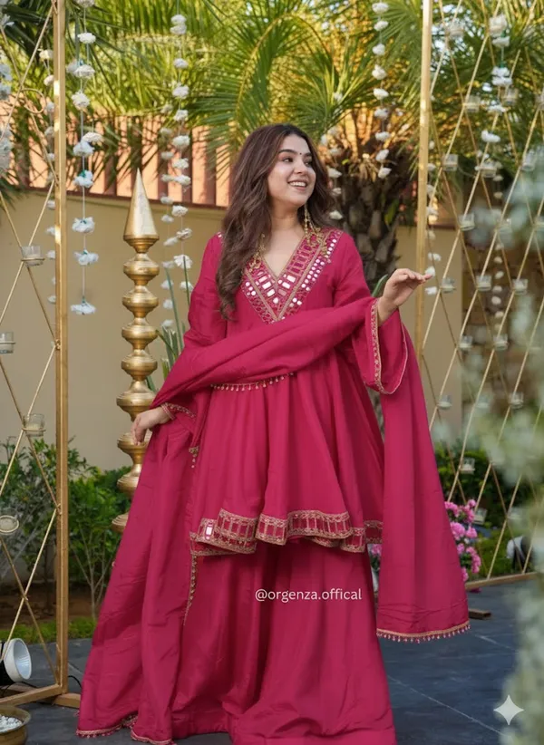 Magenta_Mirror_Work_Anarkali_Kurta_Set_With_Palazzo_And_Dupatta