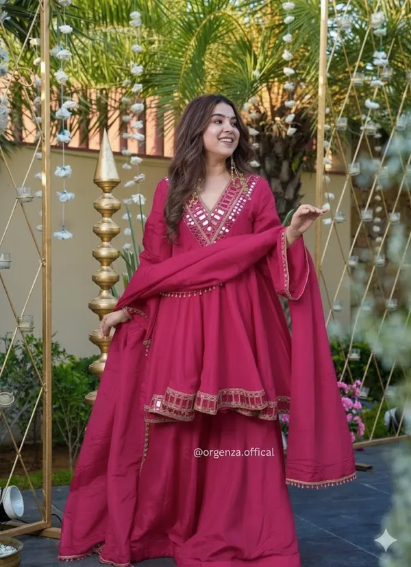 Magenta_Mirror_Work_Anarkali_Kurta_Set_With_Palazzo_And_Dupatta