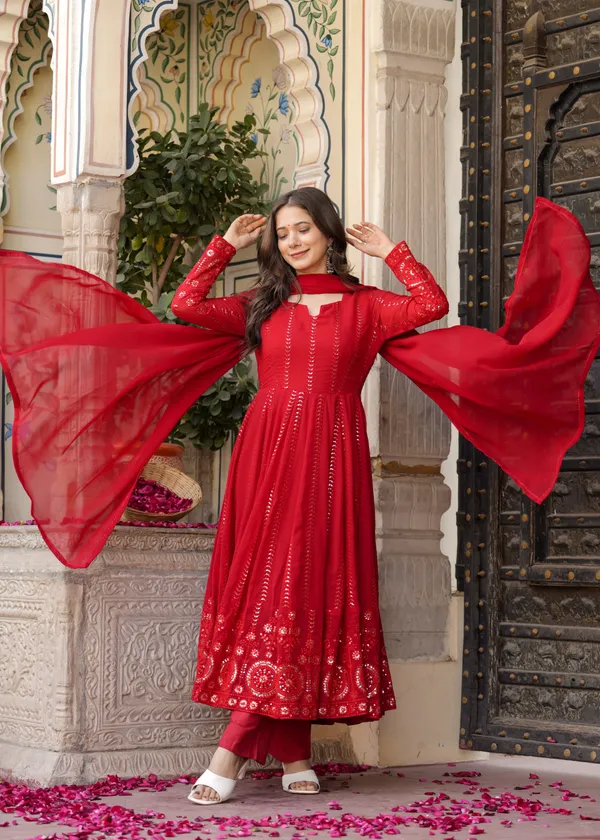 Red_Georgette_/_Cotton_Premium_Kurta_Set_For_Women