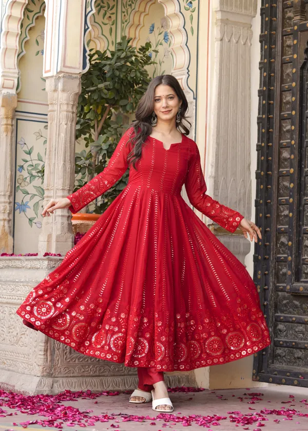 Red_Georgette_/_Cotton_Premium_Kurta_Set_For_Women