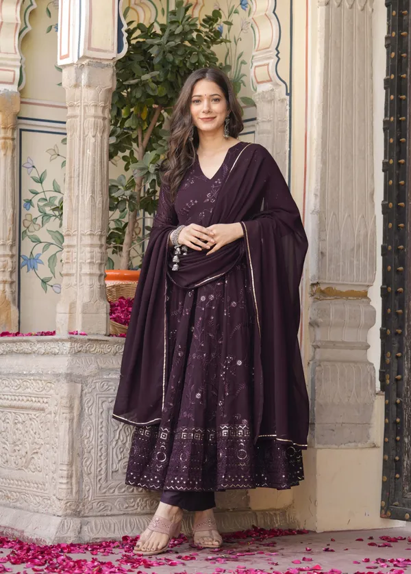 Burgundy_Georgette_/_Cotton_Premium_Kurta_Set_For_Women