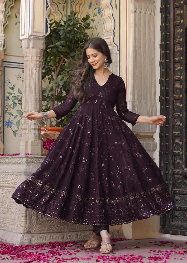 Burgundy_Georgette_/_Cotton_Premium_Kurta_Set_For_Women