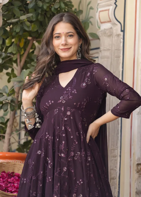 Burgundy_Georgette_/_Cotton_Premium_Kurta_Set_For_Women