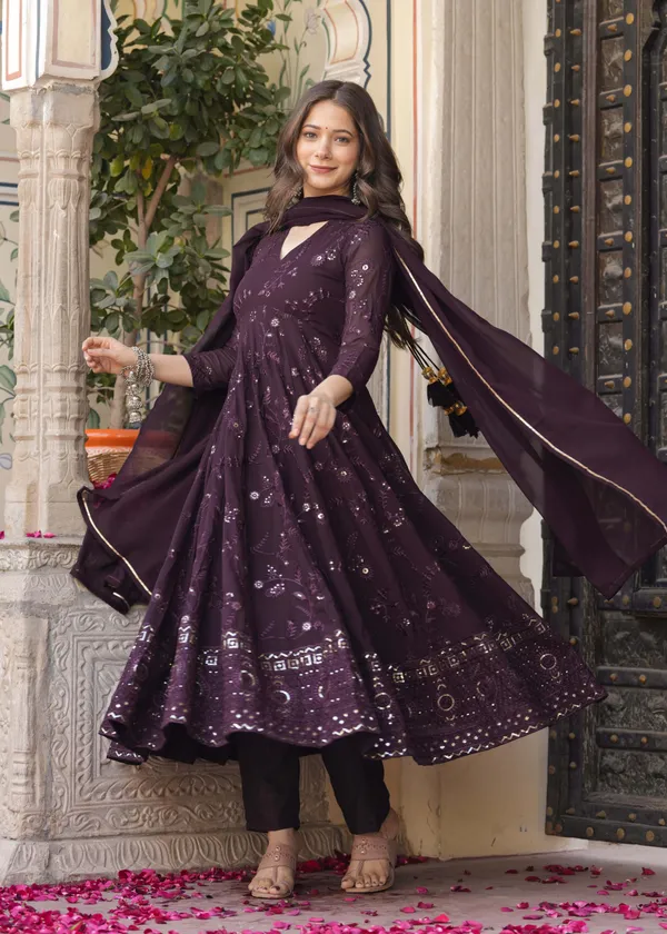 Burgundy_Georgette_/_Cotton_Premium_Kurta_Set_For_Women