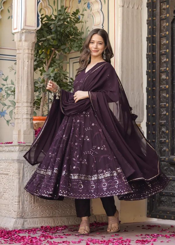 Burgundy_Georgette_/_Cotton_Premium_Kurta_Set_For_Women