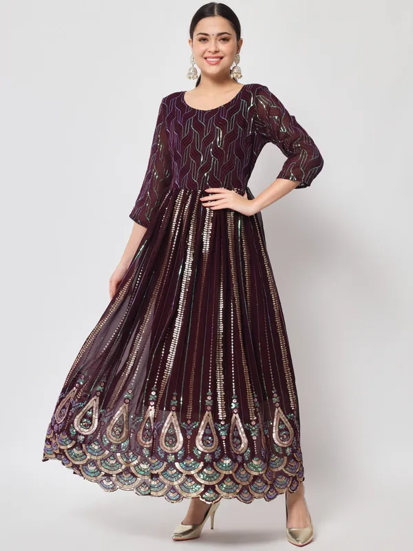 Burgundy_Georgette_/_Cambric_Cotton_Premium_Gown_For_Women