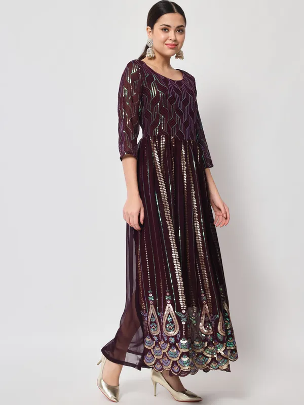 Burgundy_Georgette_/_Cambric_Cotton_Premium_Gown_For_Women