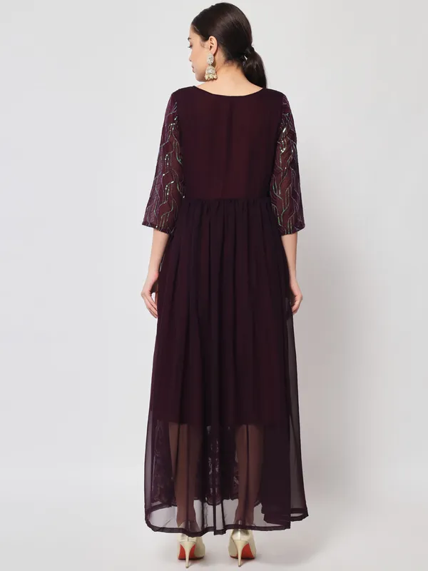 Burgundy_Georgette_/_Cambric_Cotton_Premium_Gown_For_Women