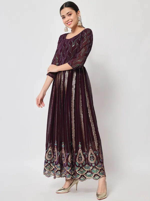 Burgundy_Georgette_/_Cambric_Cotton_Premium_Gown_For_Women