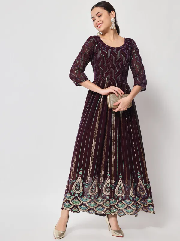 Burgundy_Georgette_/_Cambric_Cotton_Premium_Gown_For_Women
