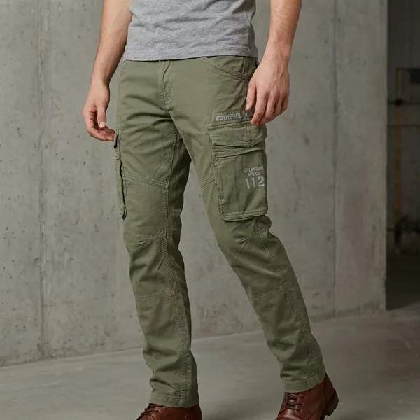 Olive_Green_Cargo_Pants_With_Multiple_Pockets_And_Graphic_Print_Men's_Casual_Utility_Trousers