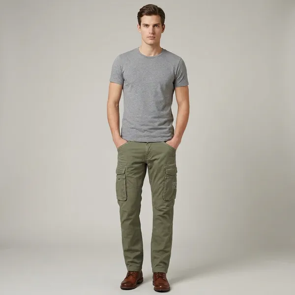 Olive_Green_Cargo_Pants_With_Multiple_Pockets_And_Graphic_Print_Men's_Casual_Utility_Trousers