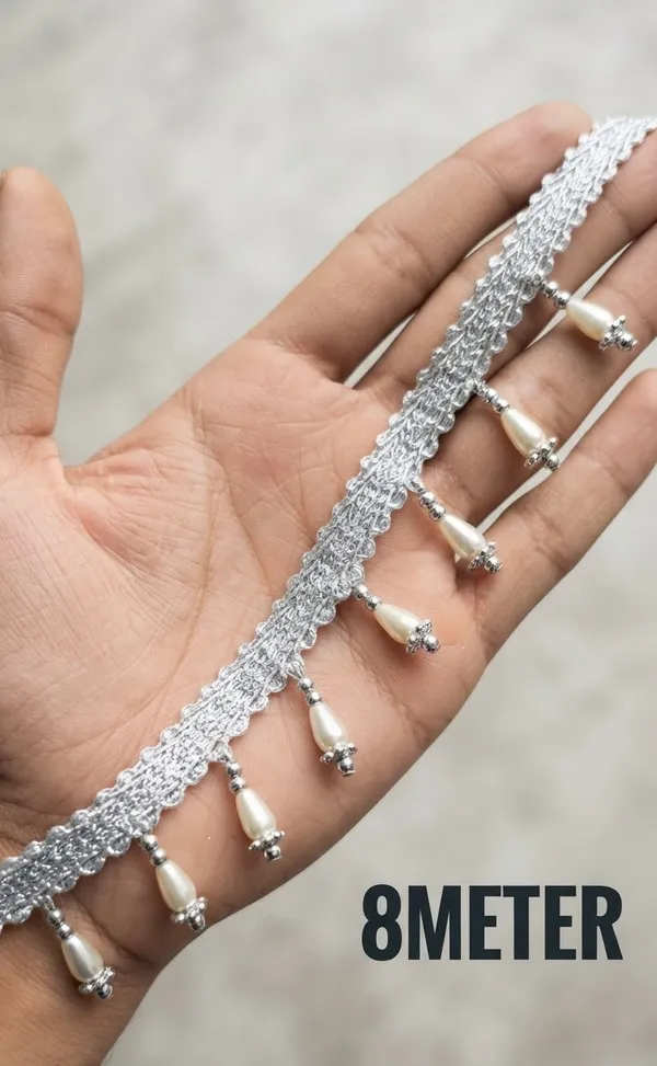 Bring_modern_sophistication_and_shimmering_elegance_to_your_ethnic_wear_with_this_Silver_Teardrop_Pearl_Fringe_Lace_Trim_(8_Meters)