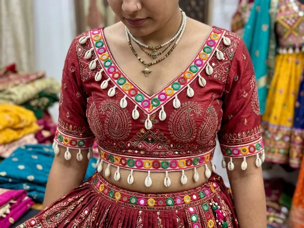 Bring_traditional_bohemian_charm_and_Real_shell_vibrant_folk_aesthetics_to_your_collection_with_this_exquisite_Multicolored_and_Real_Cowrie_Shell_Lace_Trim._Expertly_crafted_with_a_structured_white_fabric_base_featuring_colorful_embroidered_thread_rings_inset_with_tiny_mirrors,_this_statement_border_is_finished_with_dangling_natural_cowrie_shells_for_a_striking_ethnic_appeal.