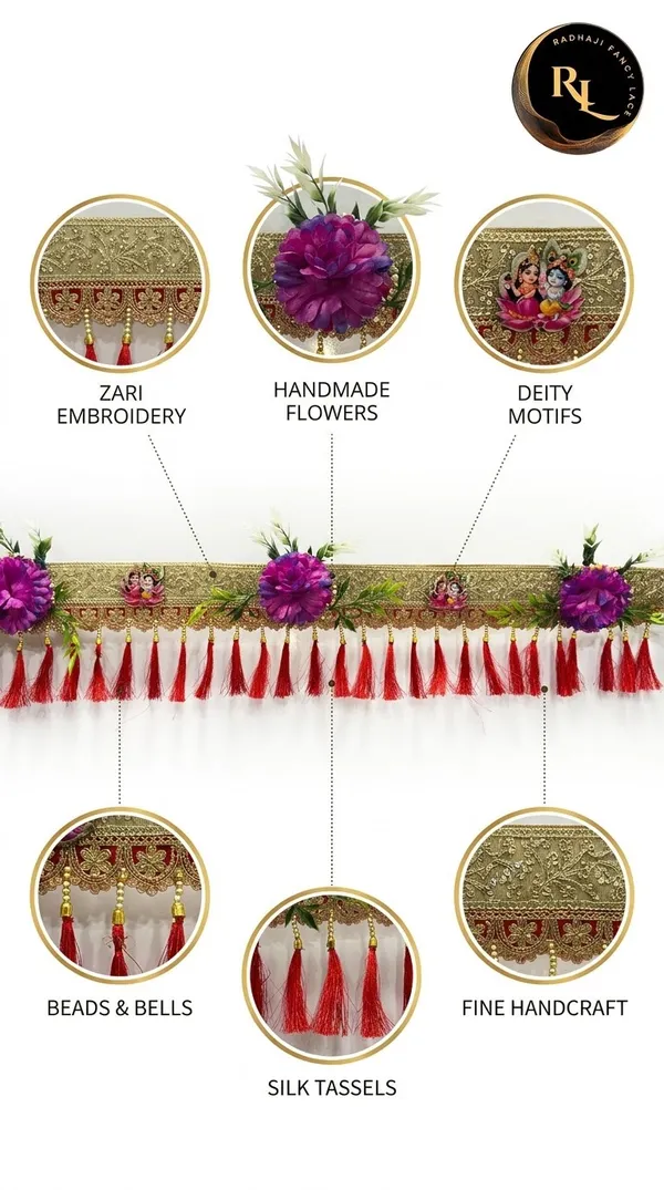 Designer_Festive_Door_Toran_/_Bandhanwar_with_Purple_Handmade_Flowers,_Deity_Motifs,_Zari_Embroidery,_and_Silk_Tassels