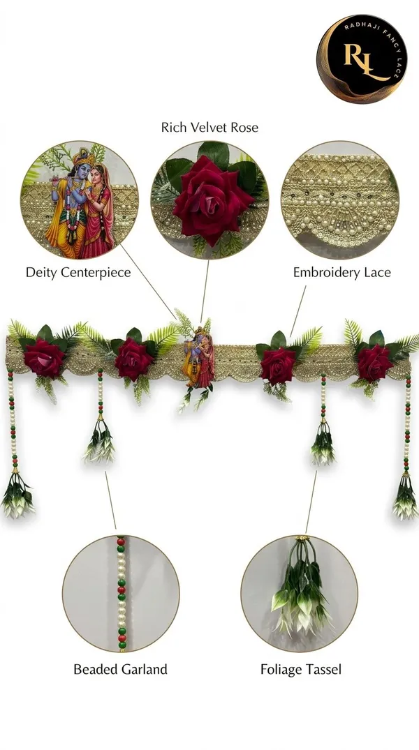 Designer_Festive_Door_Toran_/_Bandhanwar_with_Red_Rose_Flowers,_Green_Leaf_Foliage,_Divine_Central_Motif,_and_Beaded_Hangings