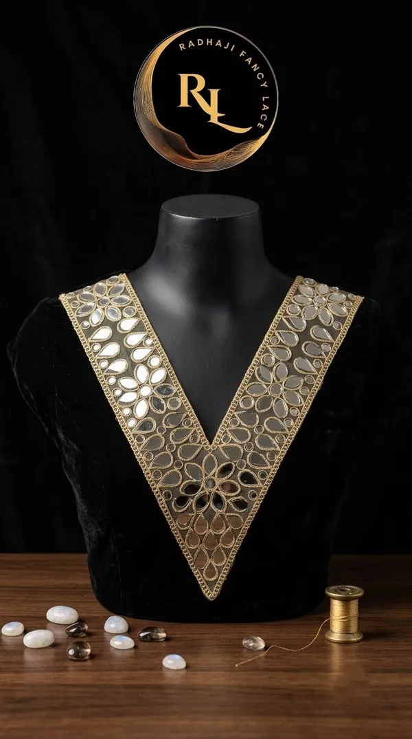 Designer_Gold_Floral_Mirror_Work_V-Neck_Patch_for_Suit,_Kurti,_and_Blouse_Embellishment